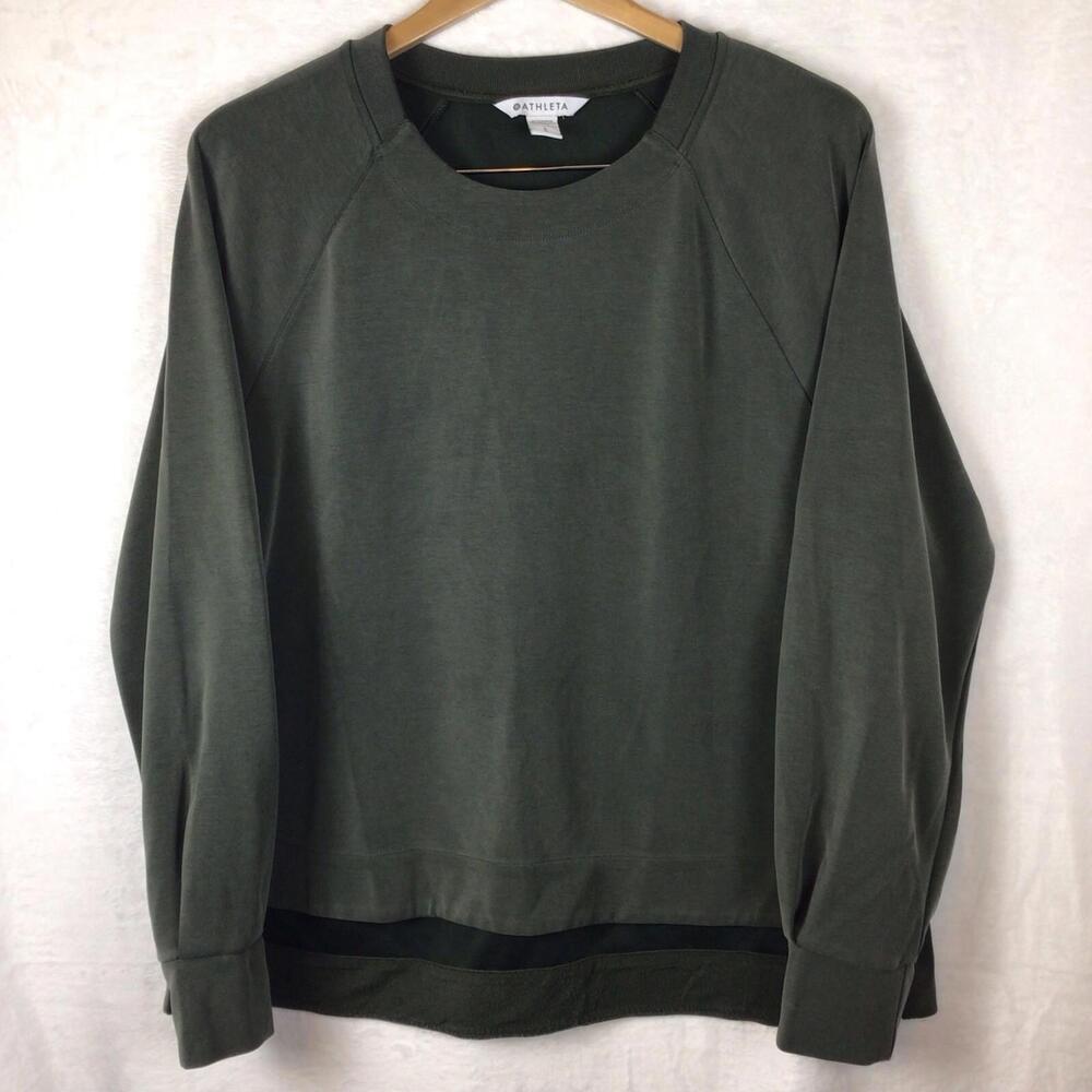 Athleta Sweatshirt Womens Large Olive Crewneck Pullover Thumbholes High Low Hem